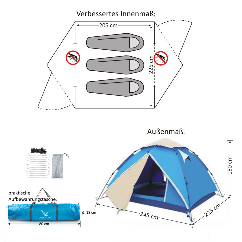 Aretus Eagle Tent Large Pop Up Tent 2 3 4 Person Tent with Awning Waterproof 2 Entrances Ventilated UV Protection for Camping Festival with 2 in 1 Function 